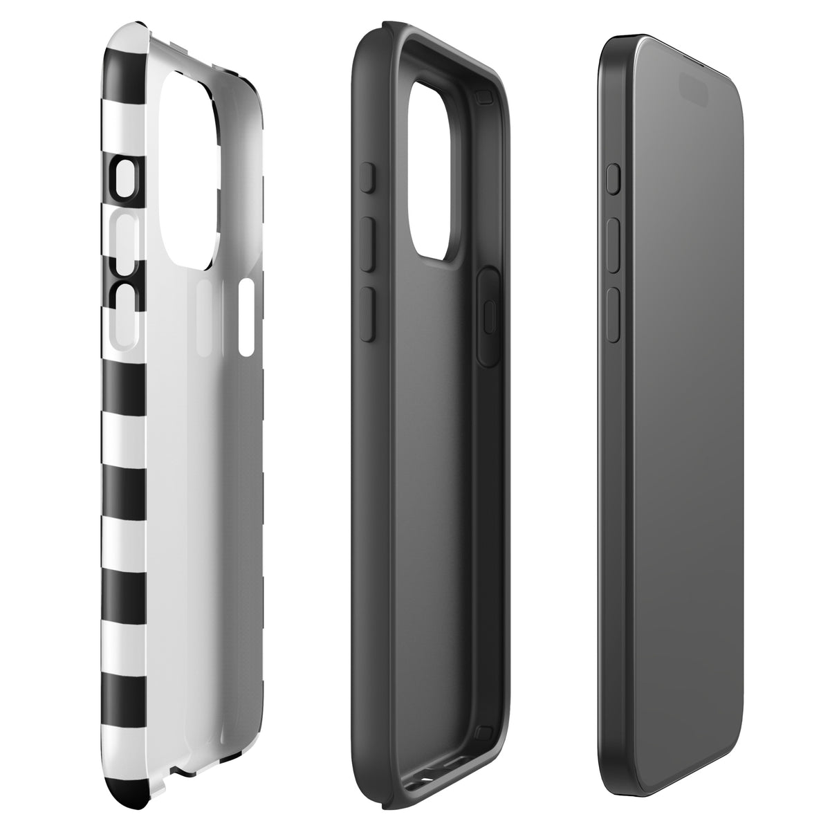 Phone Case for iPhone with bold checkered pattern, showing front, side, and angled views.