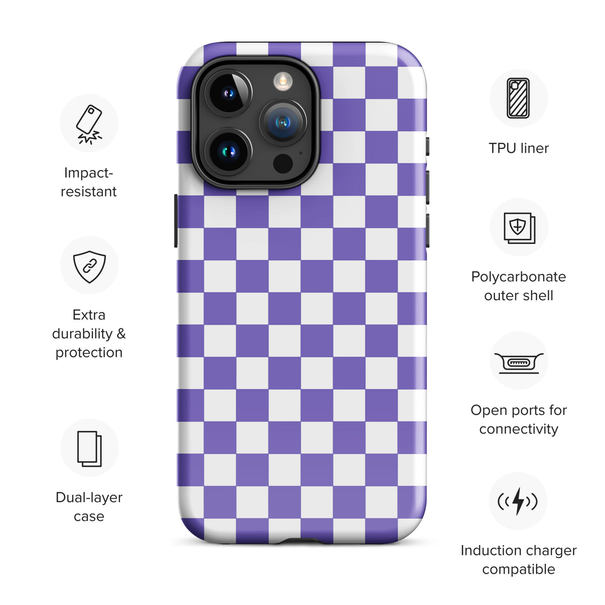 Purple and white checkered Phone Case for iPhone with impact-resistant TPU liner, dual-layer design, and open ports for connectivity.