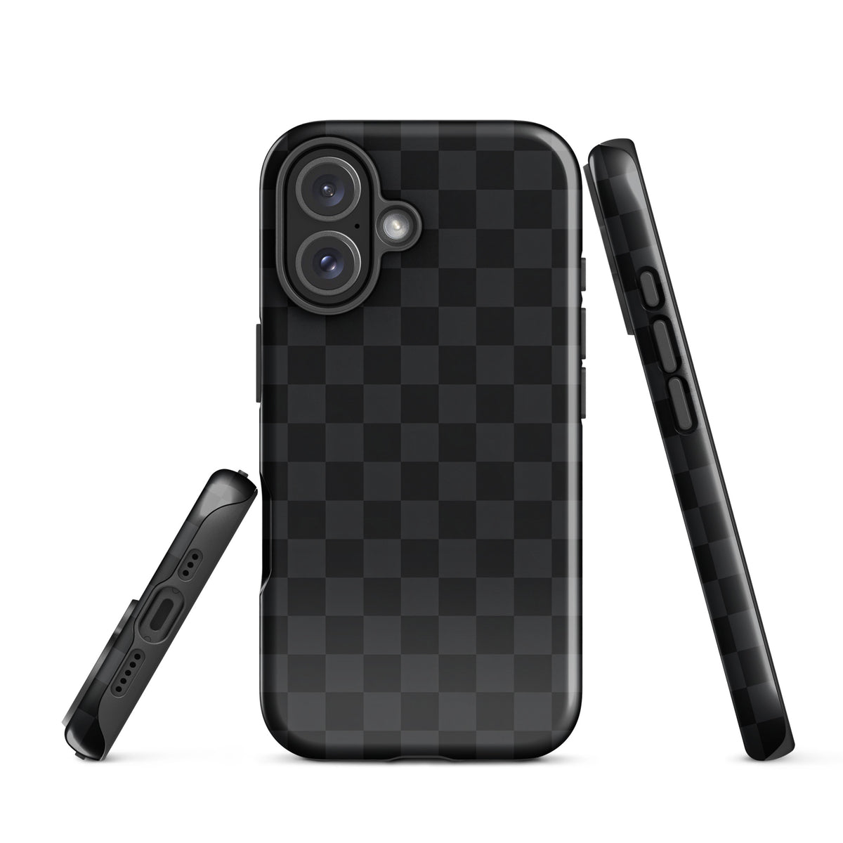 Phone Case for iPhone with black and charcoal checkered design, perfect for modern minimalists seeking sophistication and protection.