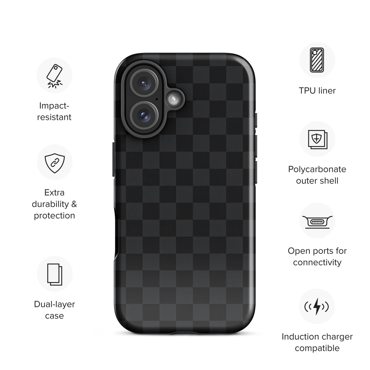 Phone Case for iPhone in black and charcoal checkered design with impact-resistant and polycarbonate features, modern and durable.