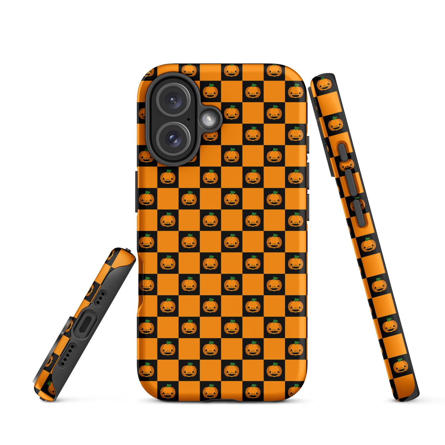 Phone Case for iPhone with playful pumpkin checkered Halloween design, featuring orange and black squares and jack-o'-lanterns.