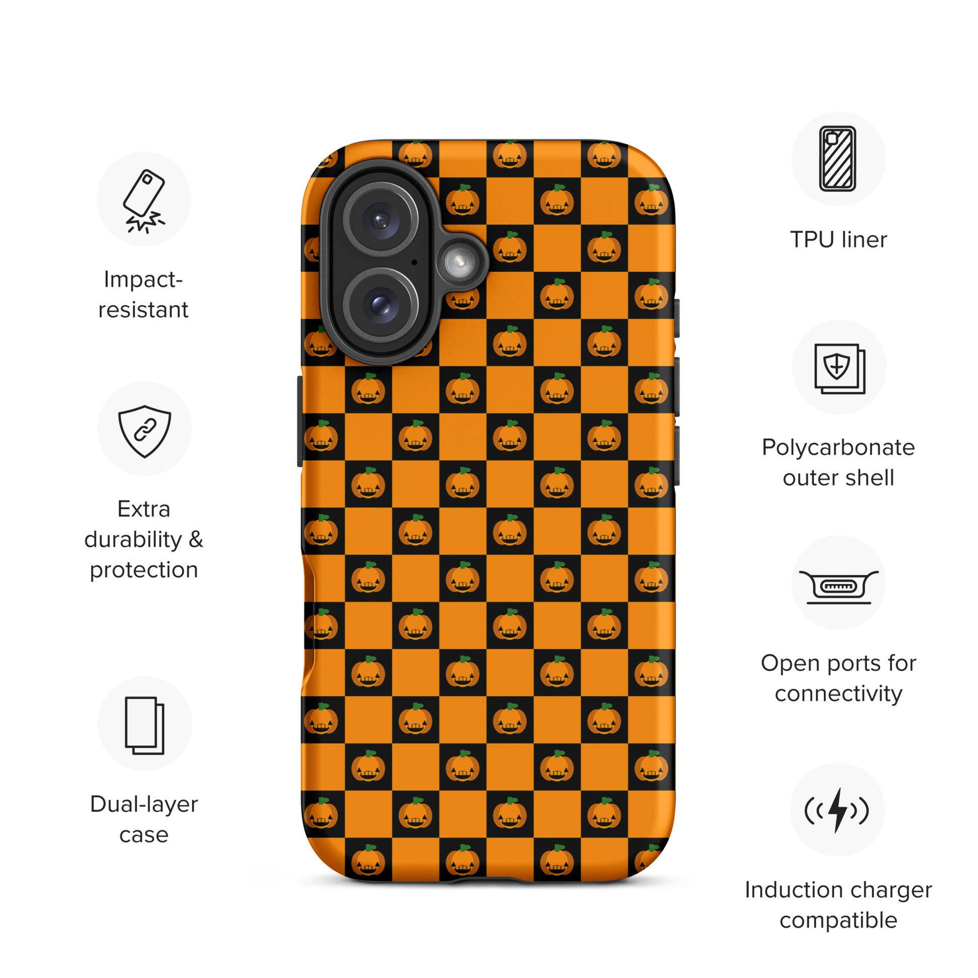 Phone Case for iPhone with Playful Pumpkin Checkered Halloween Design in orange and black with mischievous jack-o'-lanterns.