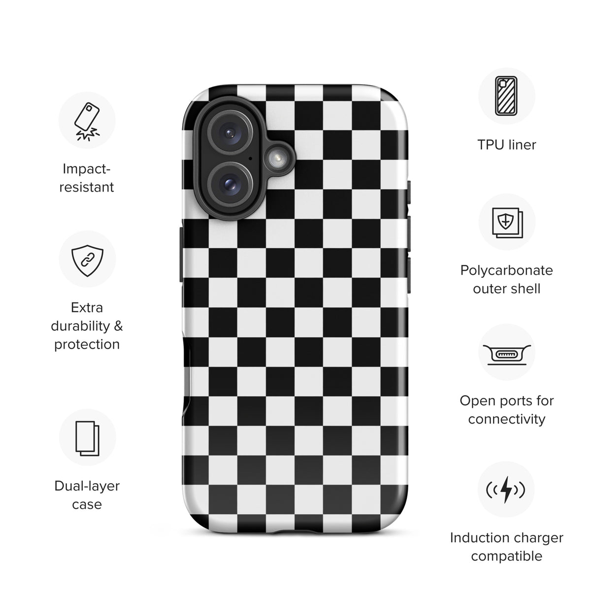 Phone Case for iPhone with bold black-and-white checkered pattern, impact-resistant, dual-layer, polycarbonate shell, wireless compatible