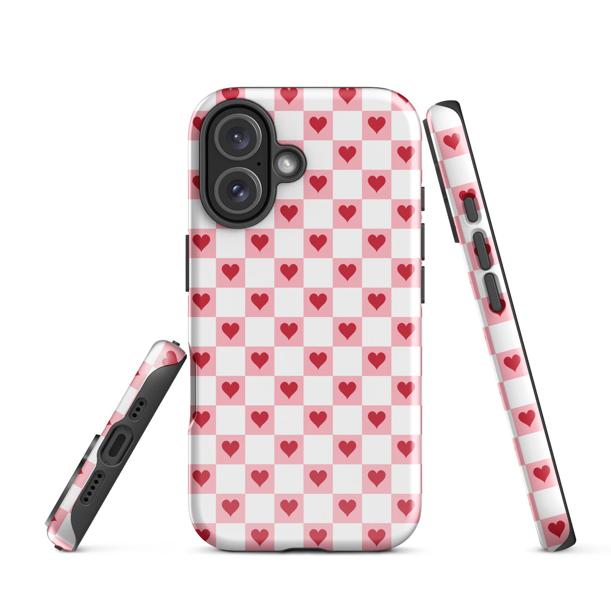 Phone Case for iPhone - pink-and-white with red hearts checkered design, adorable and stylish protection for your device.