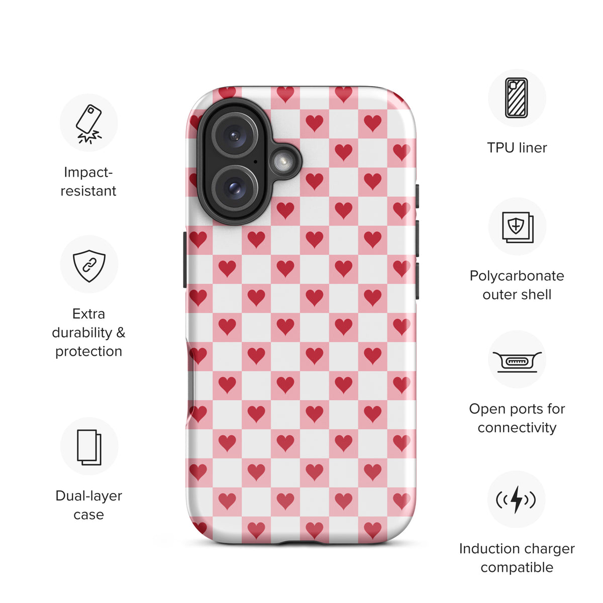 Phone Case for iPhone with pink-and-white red hearts checkered design, impact-resistant, durable, and induction charger compatible.