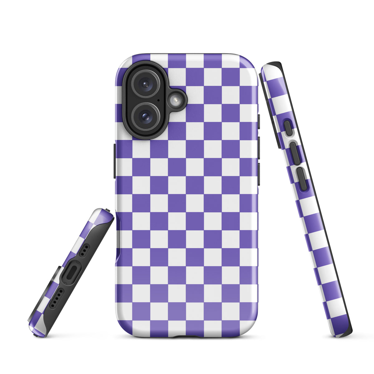 Purple and white checkered Phone Case for iPhone, stylish and bold design, adds fun and personality to your device.