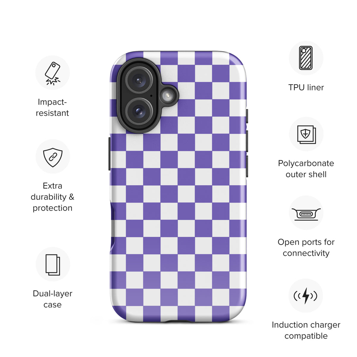 Phone Case for iPhone with purple and white checkered design, impact-resistant, dual-layer, durable protection, stylish and trendy.