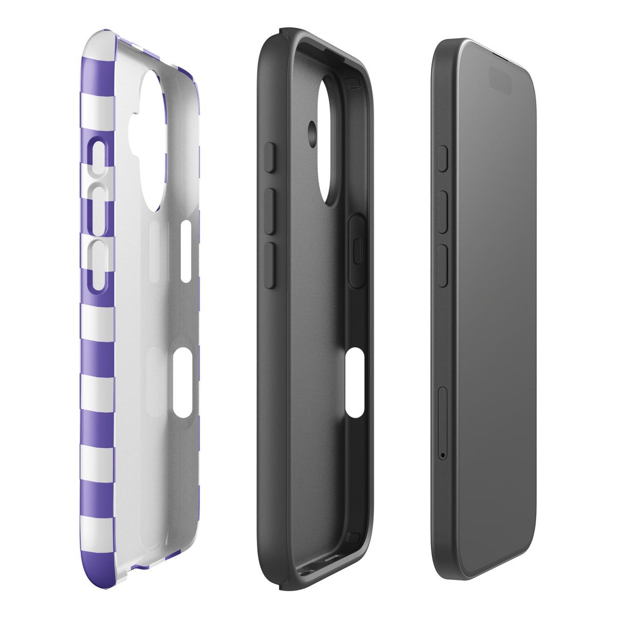 Phone Case for iPhone with purple and white checkered pattern, shown in three views for style and protection.