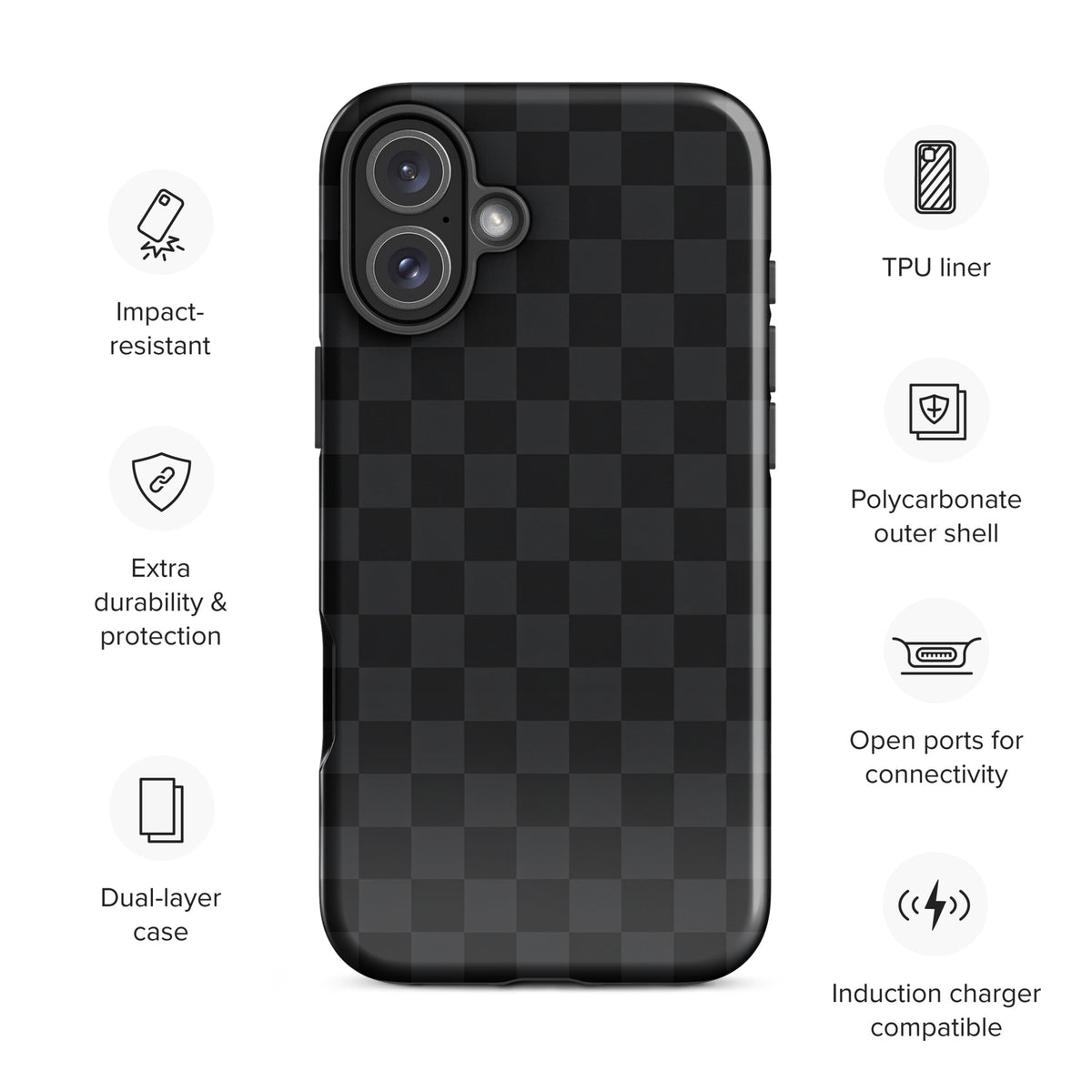 Phone Case for iPhone in black and charcoal checkered design, impact-resistant with polycarbonate outer shell and TPU liner for durability.
