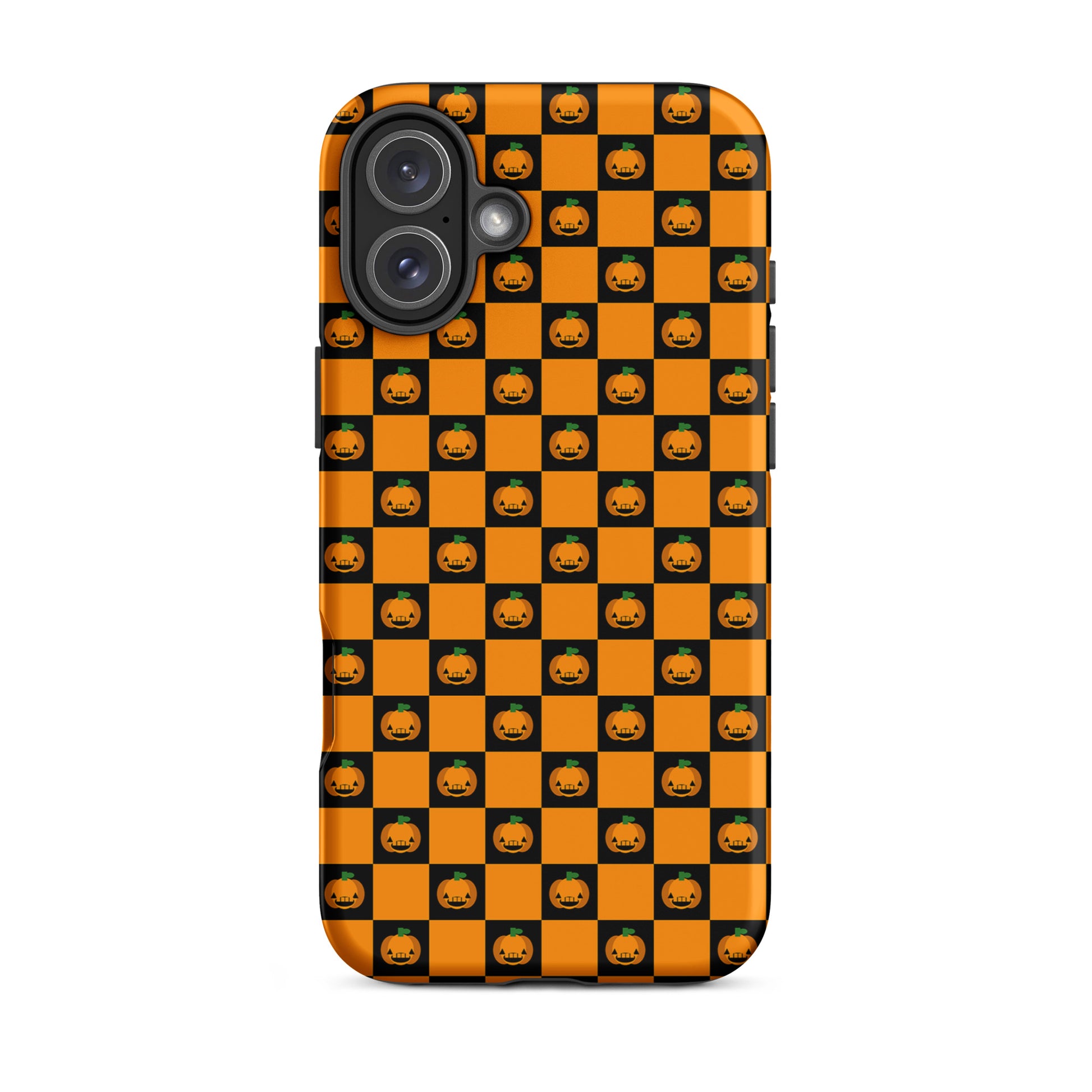 Phone Case for iPhone with playful pumpkin checkered Halloween design featuring orange and black squares and jack-o’-lanterns.