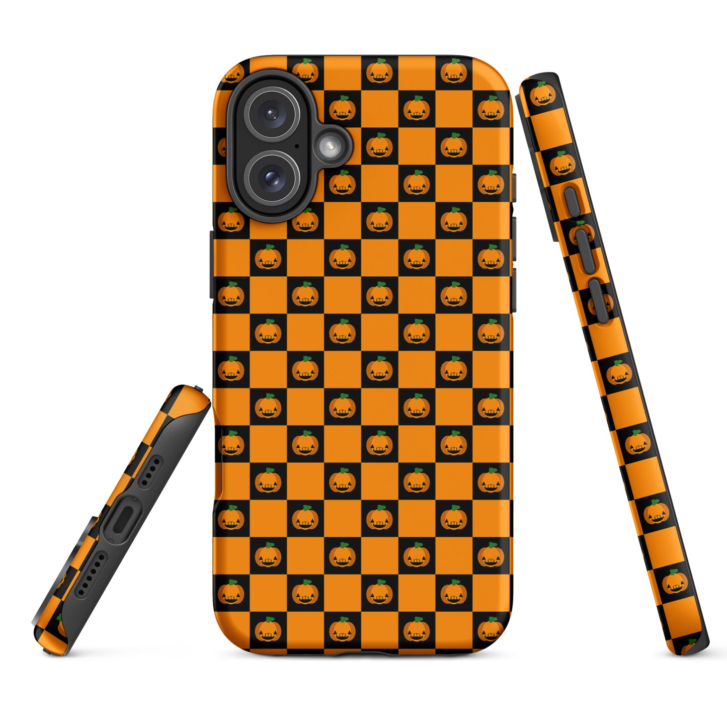Phone Case for iPhone with playful pumpkin checkered Halloween design in orange and black.