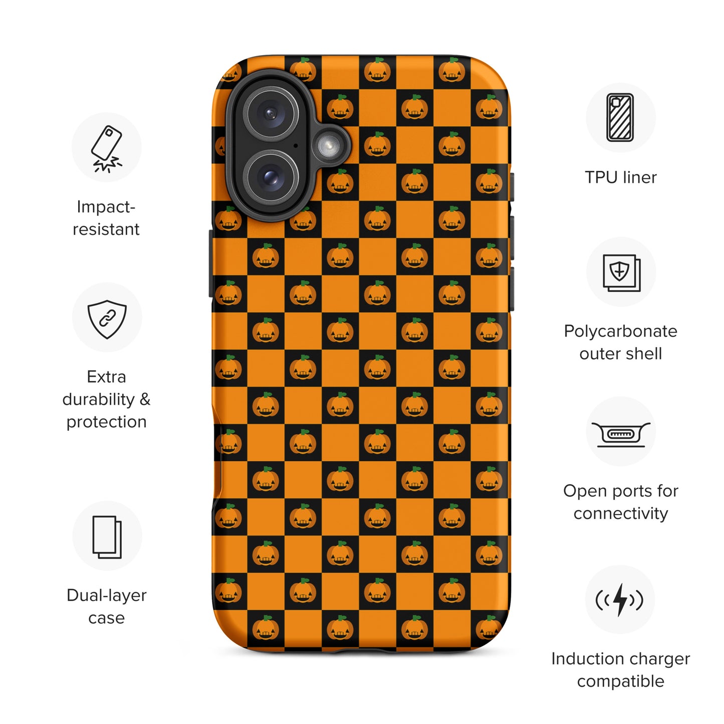 Phone Case for iPhone with playful pumpkin checkered Halloween design in orange and black squares, featuring jack-o'-lanterns.