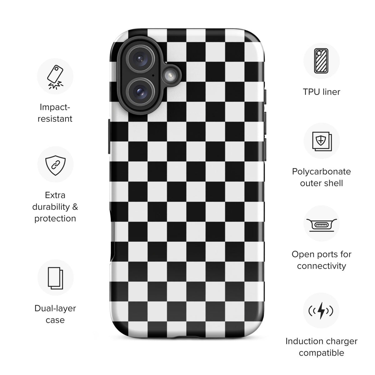 Bold checkered Phone Case for iPhone with black-and-white pattern, impact-resistant, dual-layer protection, TPU liner, induction ready.