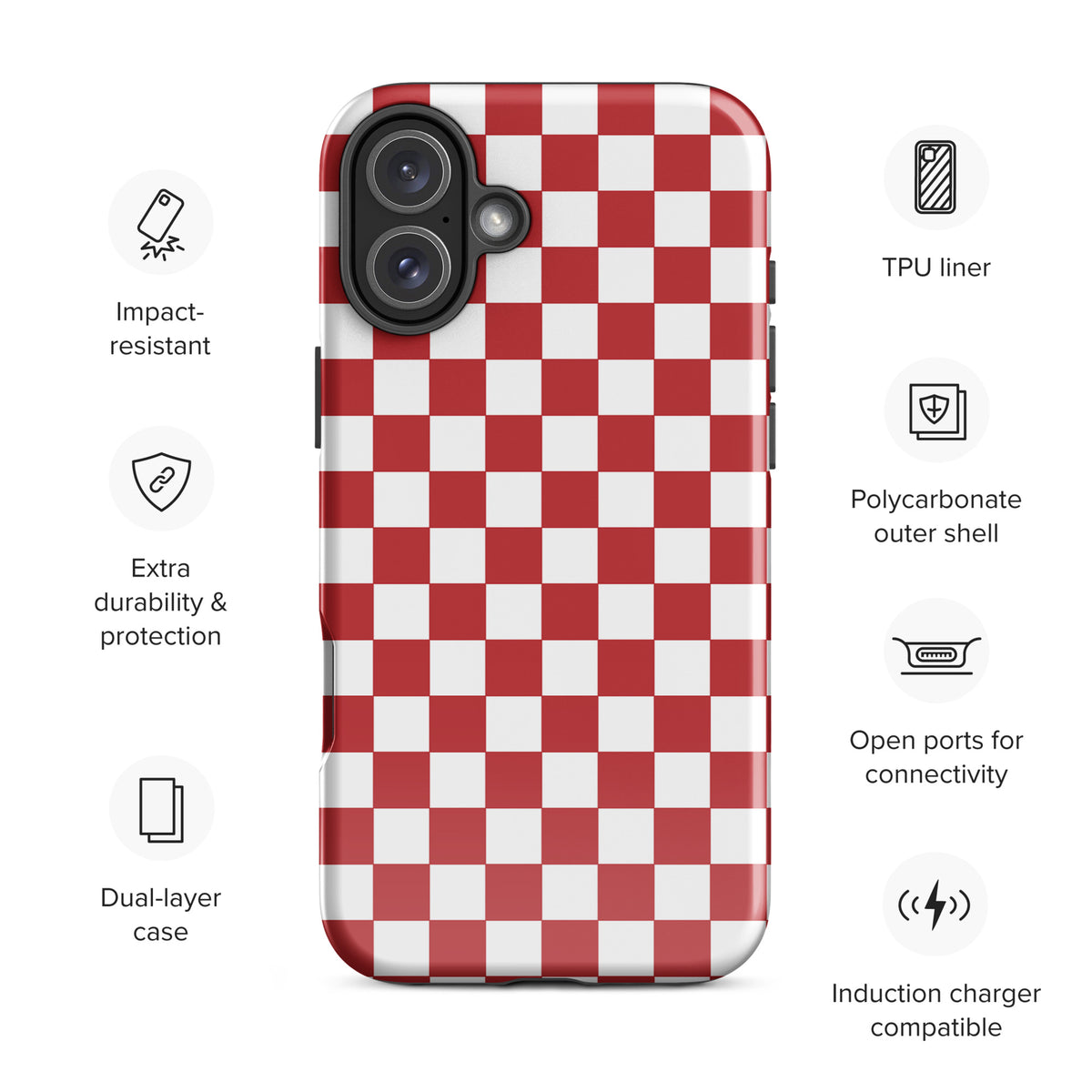 Phone Case for iPhone with crimson red checkered design, featuring impact-resistant, polycarbonate shell, and dual-layer protection.