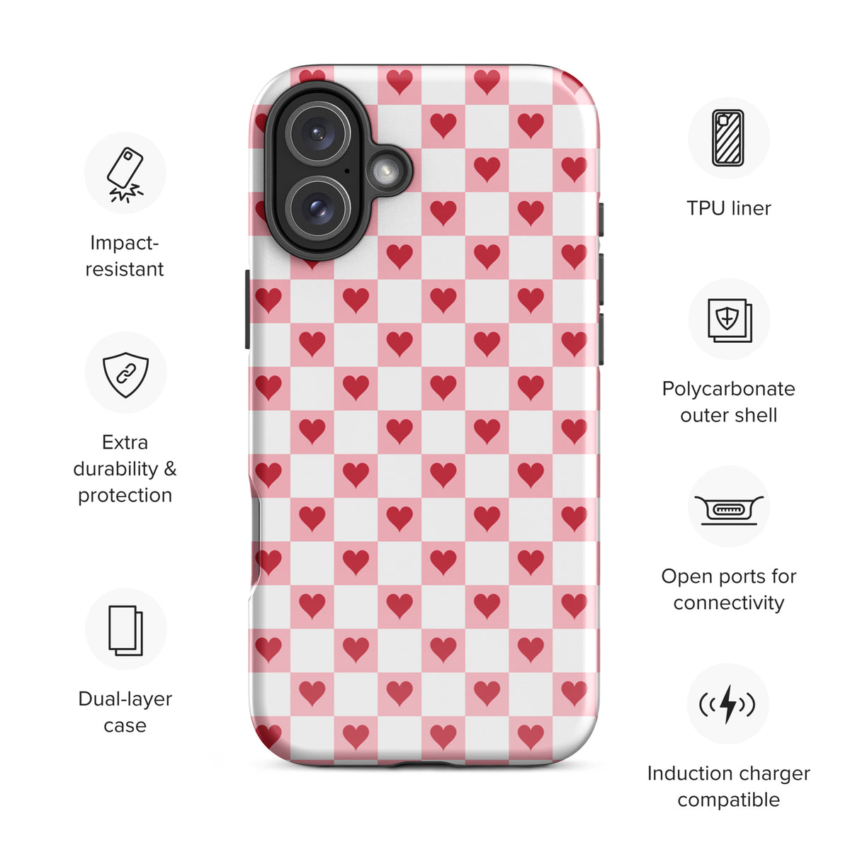 Phone Case with pink-and-white checkered pattern featuring red hearts for iPhone, showcasing durable and stylish polycarbonate design.