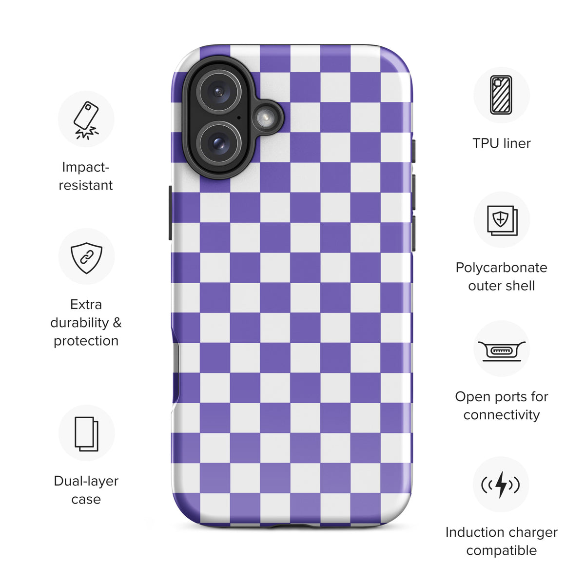 Phone Case for iPhone with bold purple and white checkered pattern, featuring impact-resistant, dual-layer design and open connectivity ports.