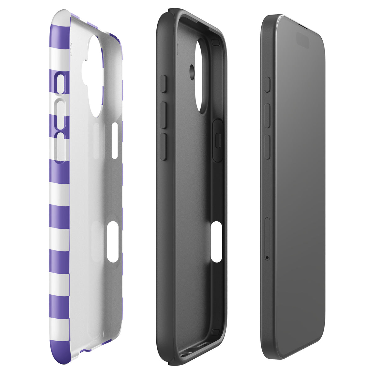 Phone Case for iPhone with purple and white checkered design, adds bold style and personality to your device, shown with inner and outer view.