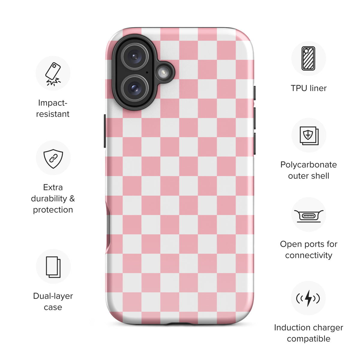 Phone Case featuring playful pink and white checkered design, highlighting impact resistance, extra durability, and wireless charging compatibility.