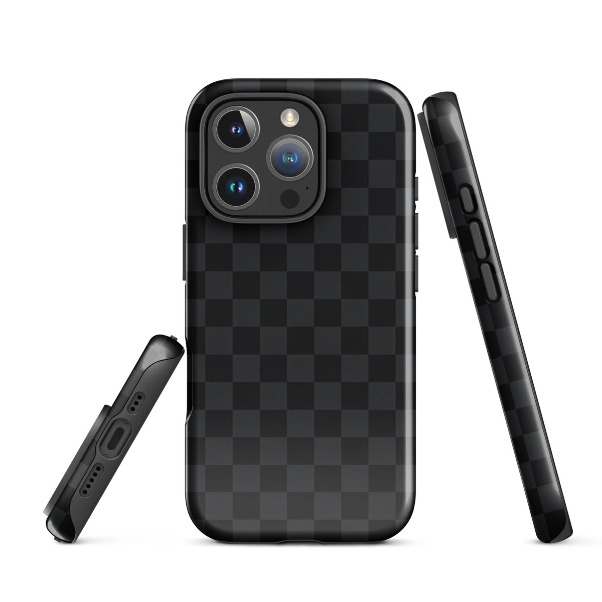 Phone Case for iPhone with black and charcoal checkered design, modern and minimalist style.