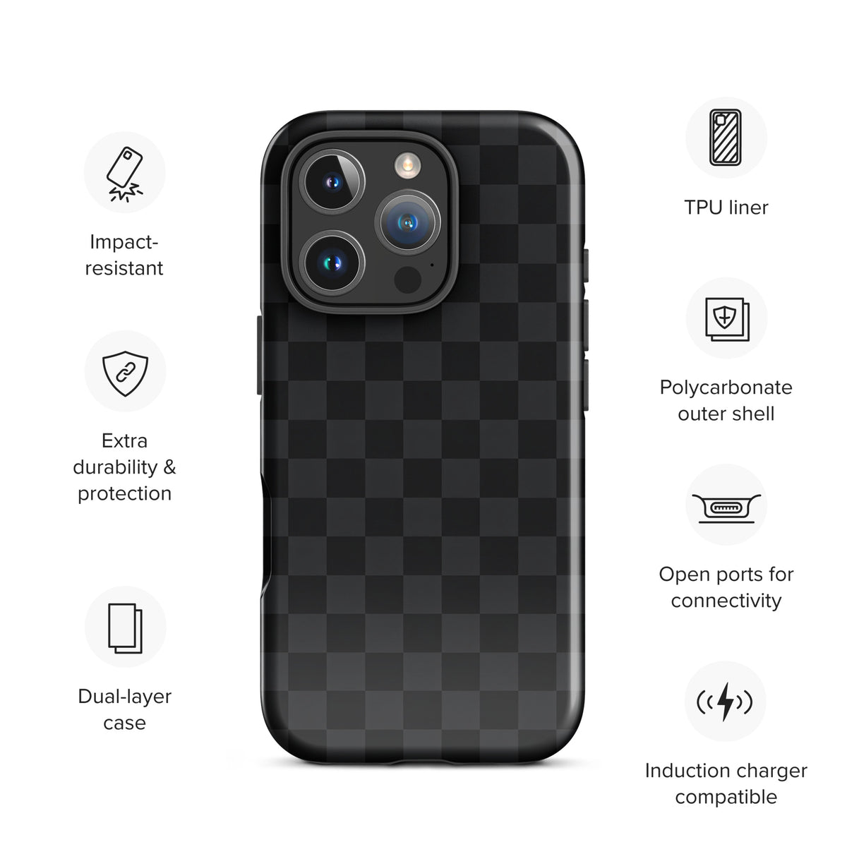 Phone Case with black and charcoal checkered design for iPhone, dual-layer, impact-resistant, and induction charger compatible.