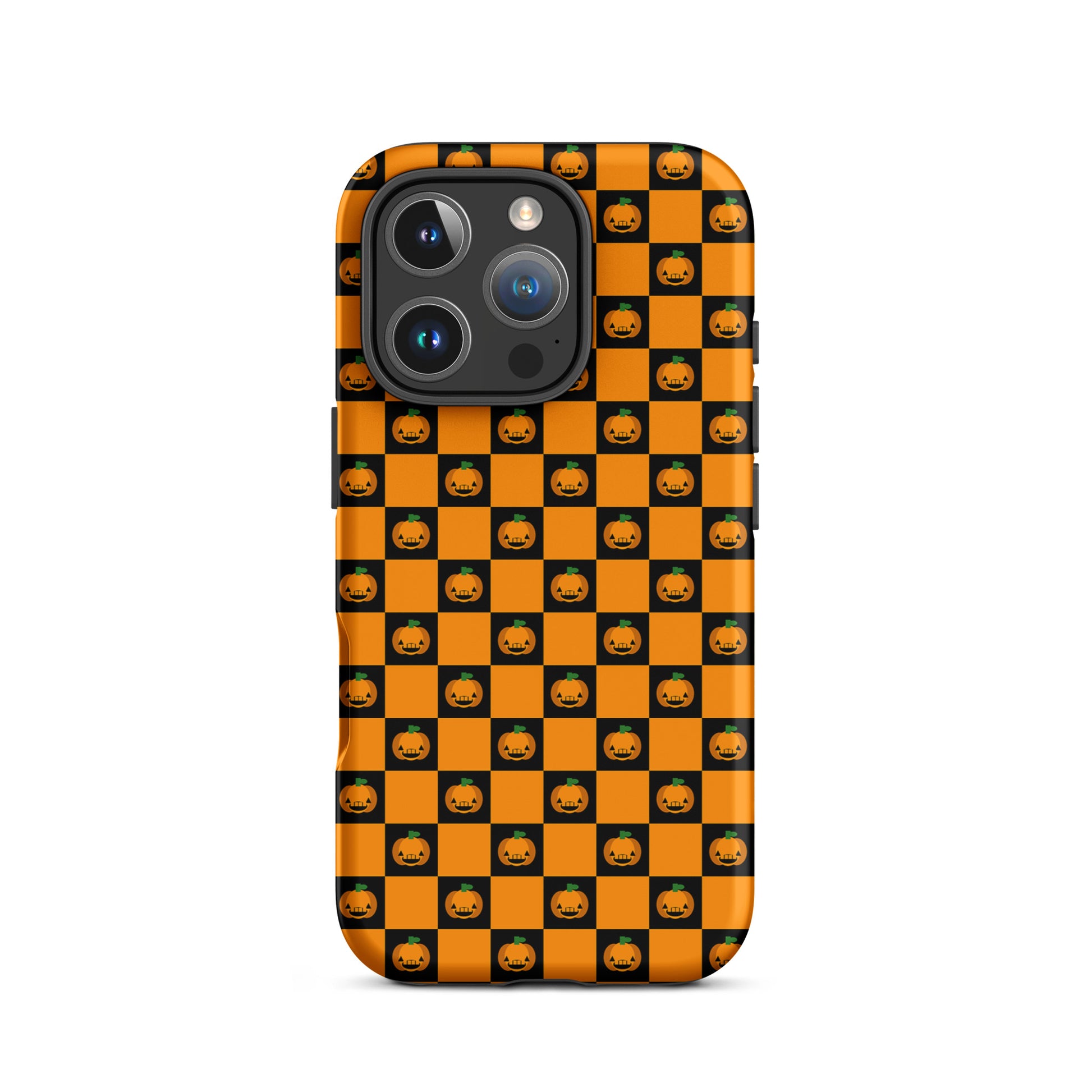 Phone Case for iPhone with playful pumpkin checkered Halloween design in orange and black squares featuring glowing jack-o-lanterns.
