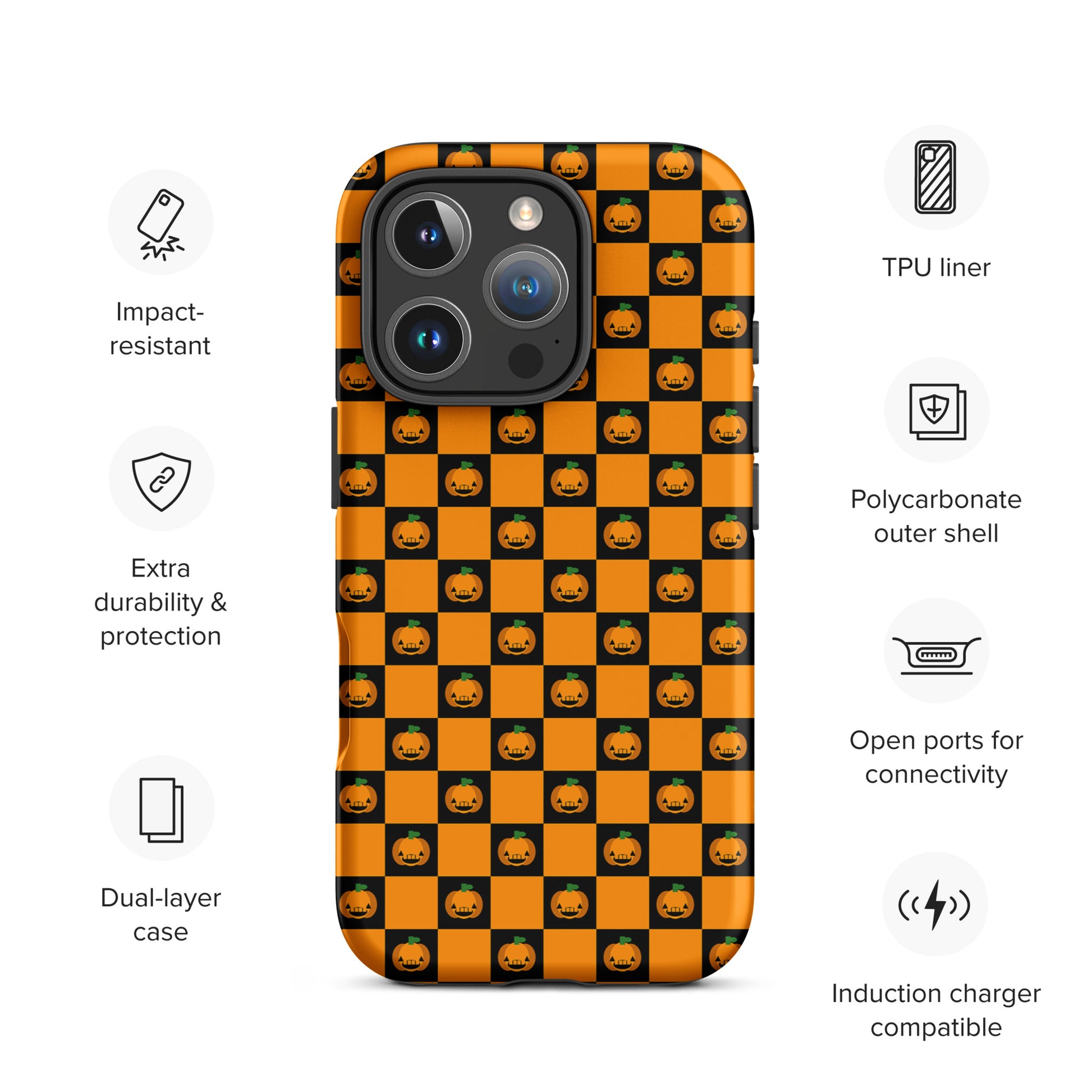 Phone Case for iPhone with Playful Pumpkin Checkered Halloween Design featuring a spooky orange and black pattern with jack-o’-lanterns.