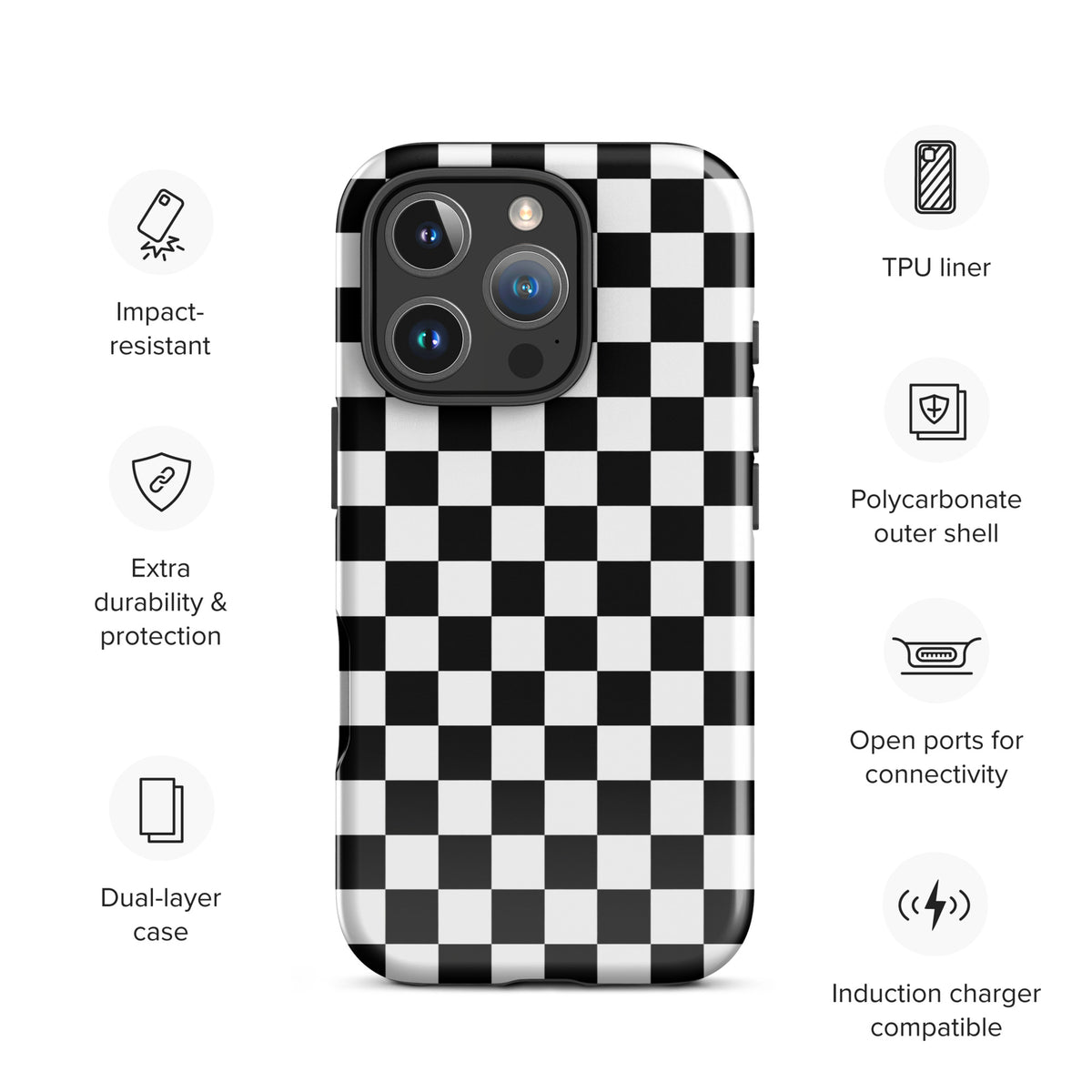 Phone Case for iPhone with bold checkered design, impact-resistant and durable polycarbonate shell with TPU liner and dual-layer protection.