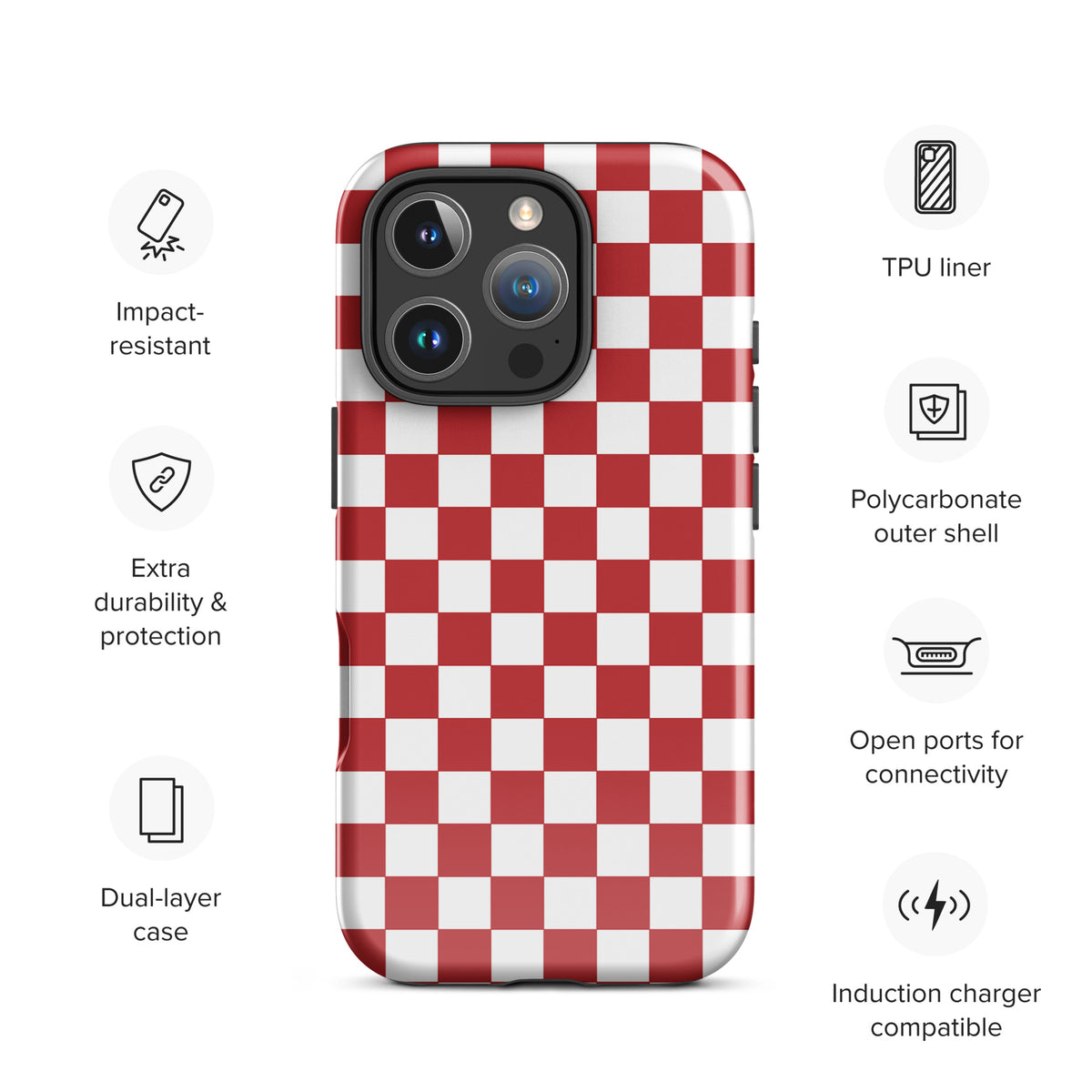 Crimson Red Checkered Phone Case for iPhone with impact-resistant polycarbonate shell and TPU liner, dual-layer protection, and open port access.