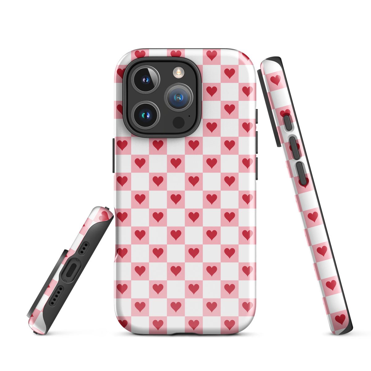 Phone Case for iPhone featuring pink-and-white checkered design with red hearts, adding charm and cheer to your everyday carry.