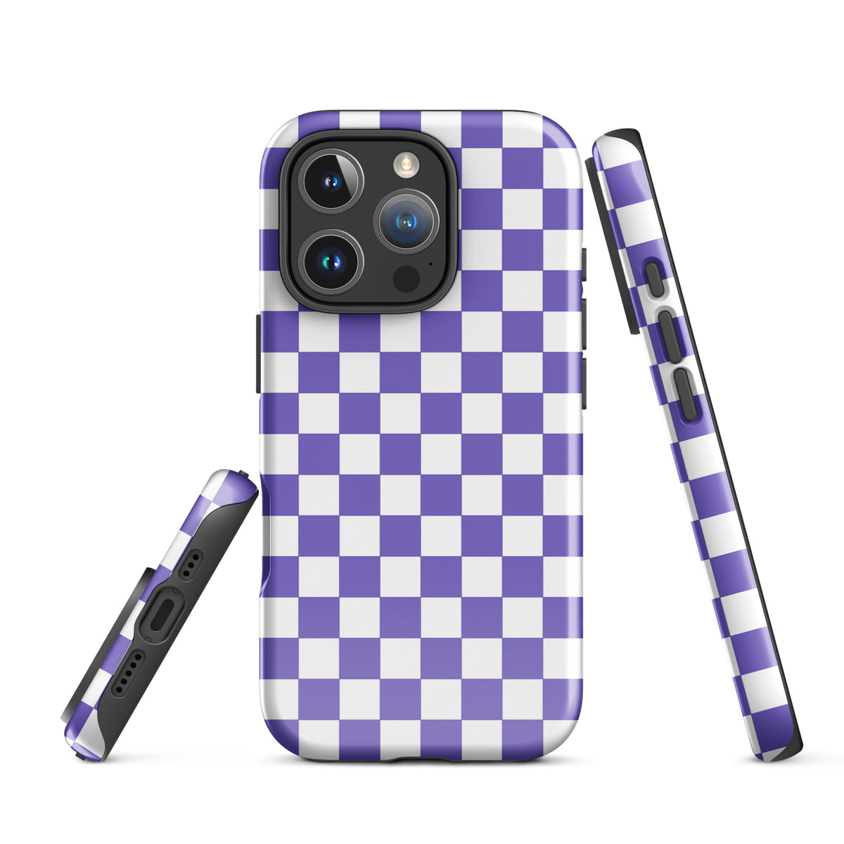Stylish Phone Case for iPhone with purple and white checkered design, combining fashion and function for a playful and bold look.