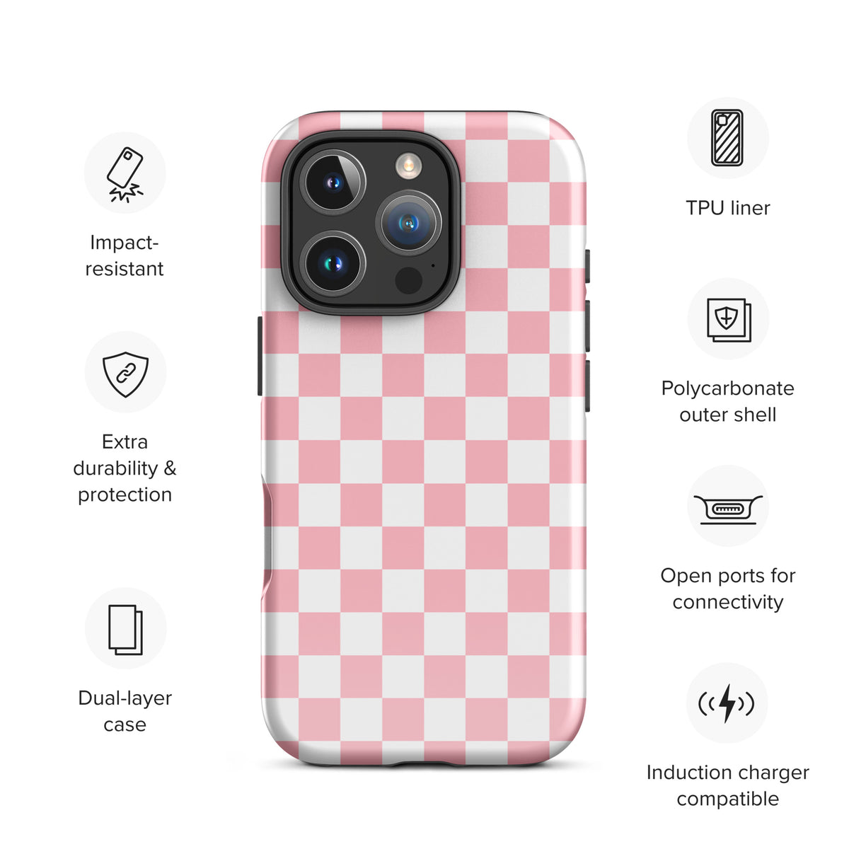 Playful pink and white checkered Phone Case for iPhone with protective dual-layer design and open ports for connectivity.
