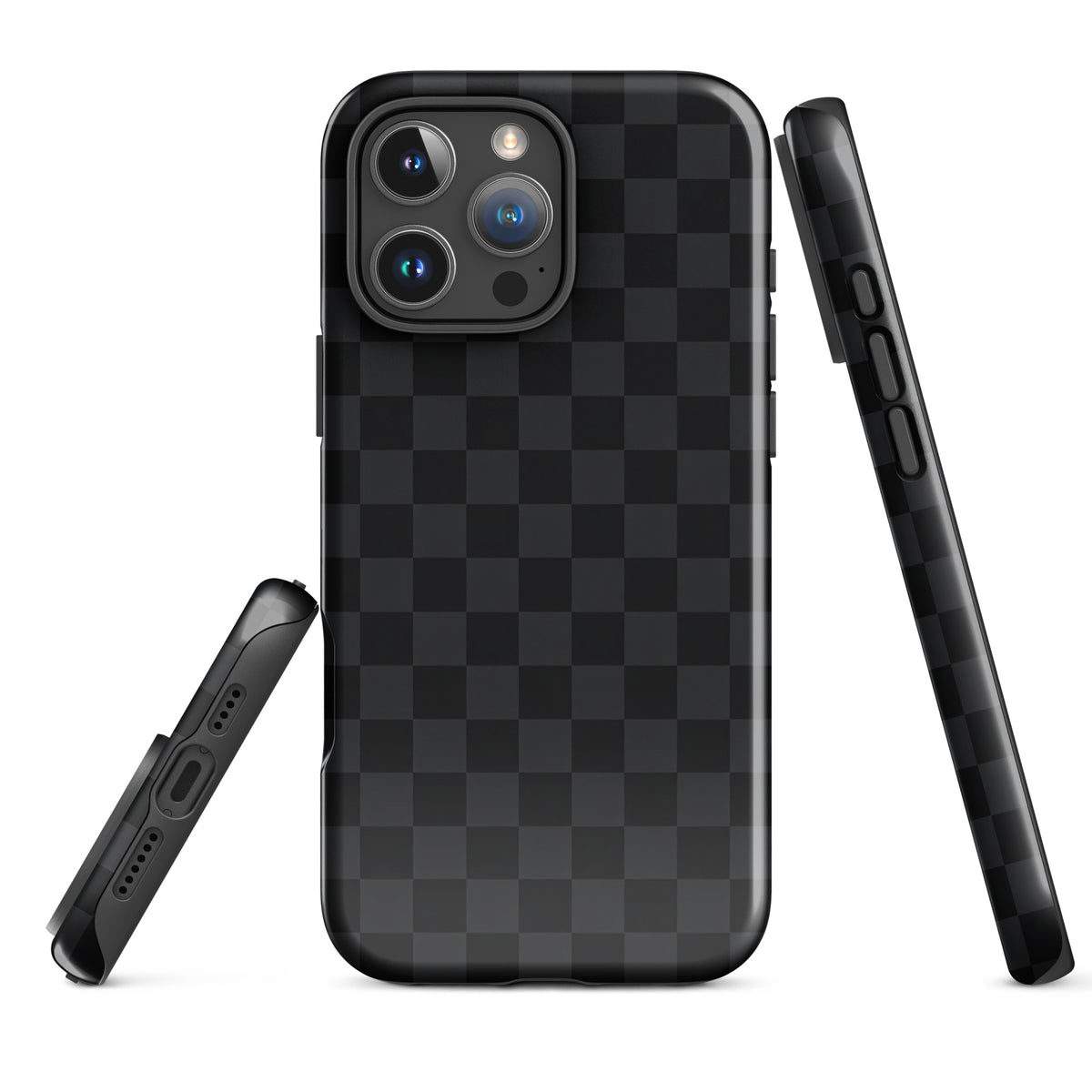 Black & charcoal checkered Phone Case for iPhone, modern minimalist design, offers sleek protection and style.