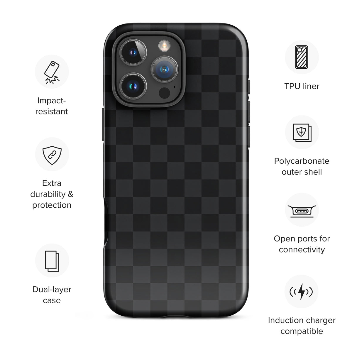 Phone Case for iPhone with black and charcoal checkered design, impact-resistant, dual-layer, TPU liner, polycarbonate shell, wireless charging.