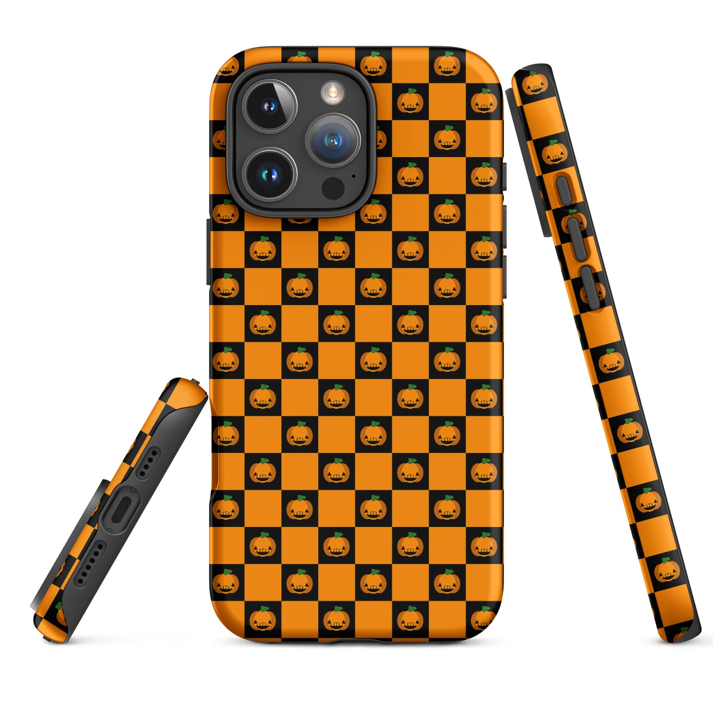 Phone Case with playful pumpkin checkered Halloween design for iPhone, featuring orange and black squares with jack-o'-lantern pattern.