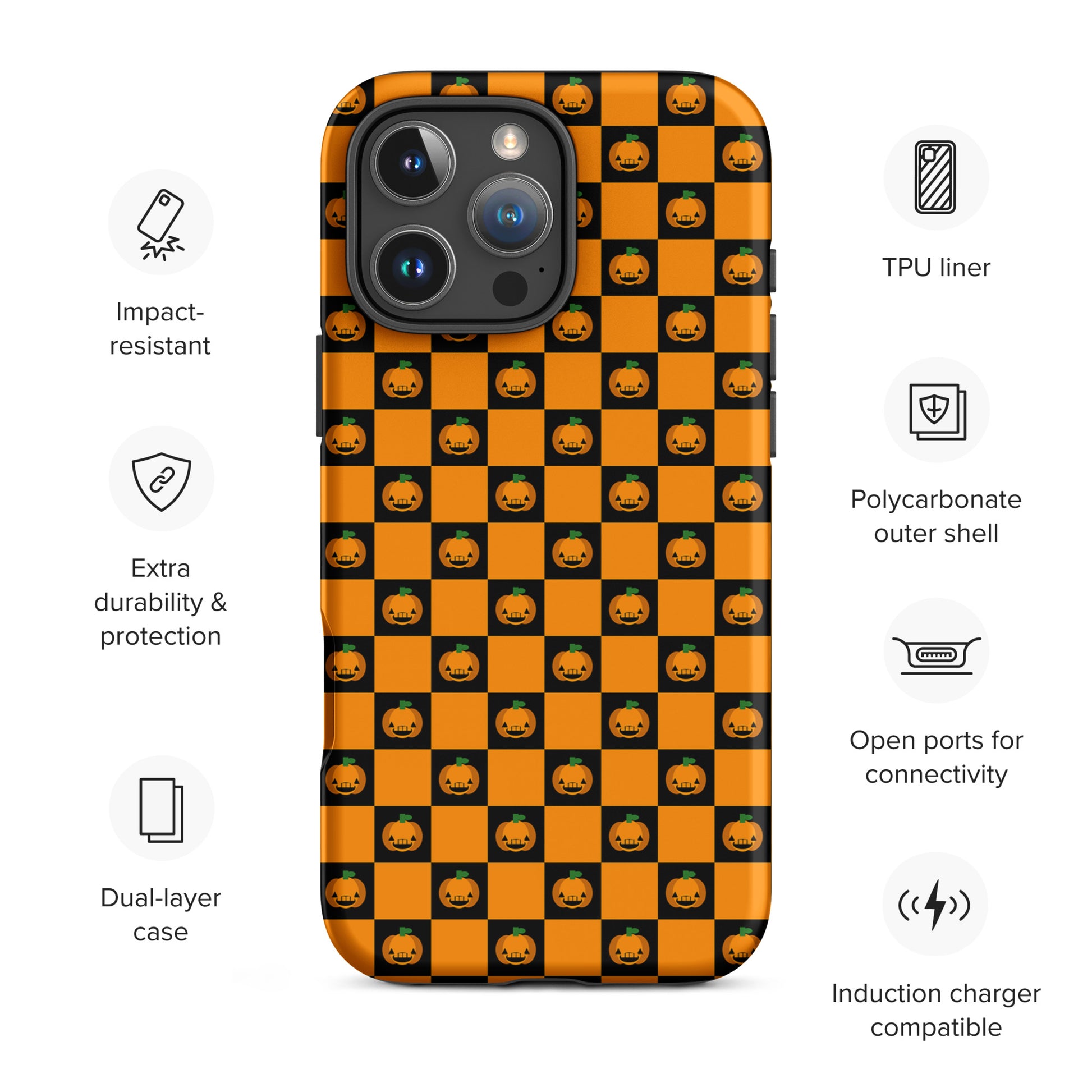 Phone Case for iPhone with playful pumpkin checkered Halloween design, featuring orange and black squares with jack-o'-lanterns.
