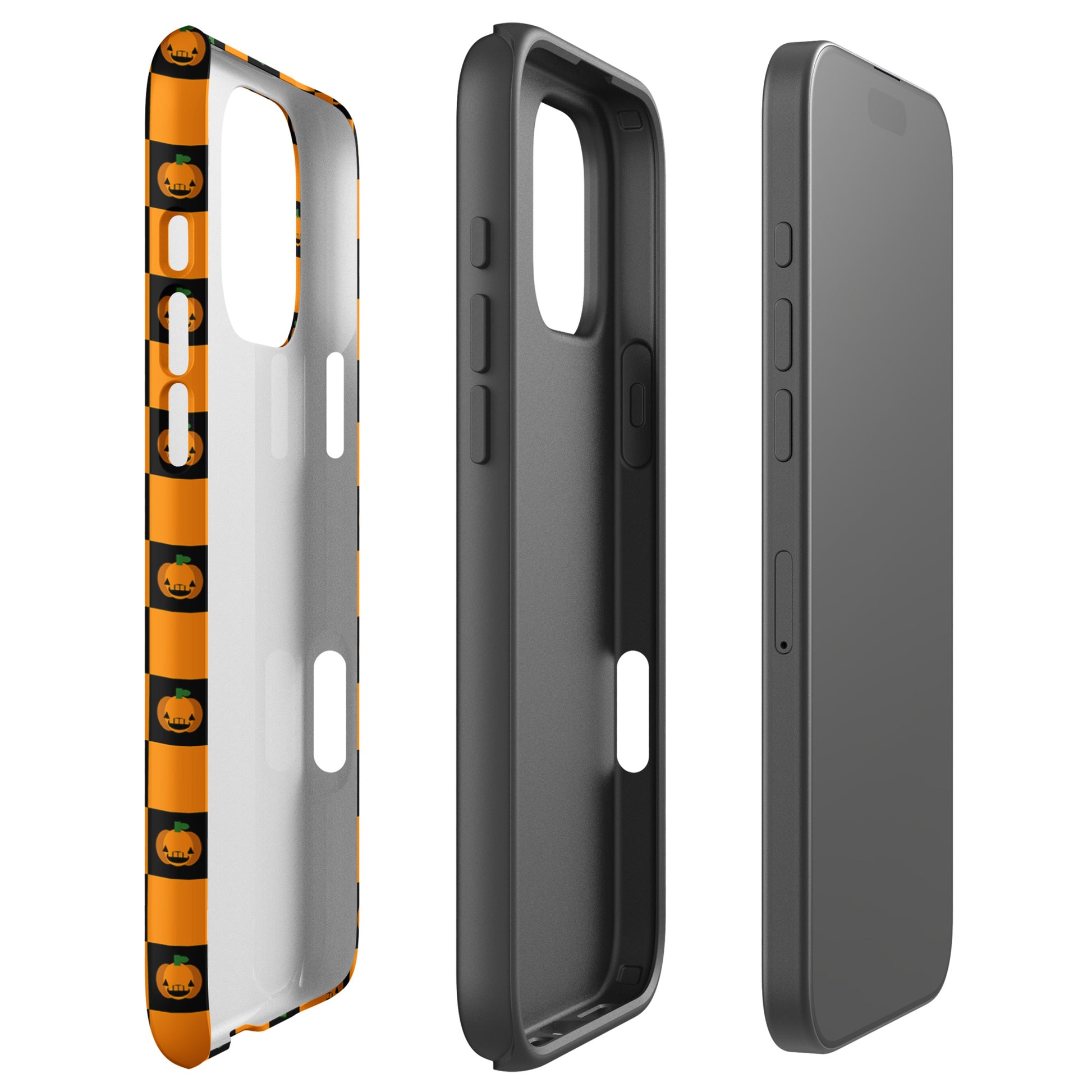 Phone Case for iPhone with playful pumpkin checkered Halloween design featuring orange and black squares and jack-o'-lanterns.