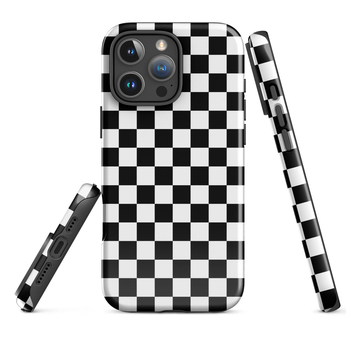 Phone Case for iPhone with bold checkered pattern, black and white design, tough protective style.