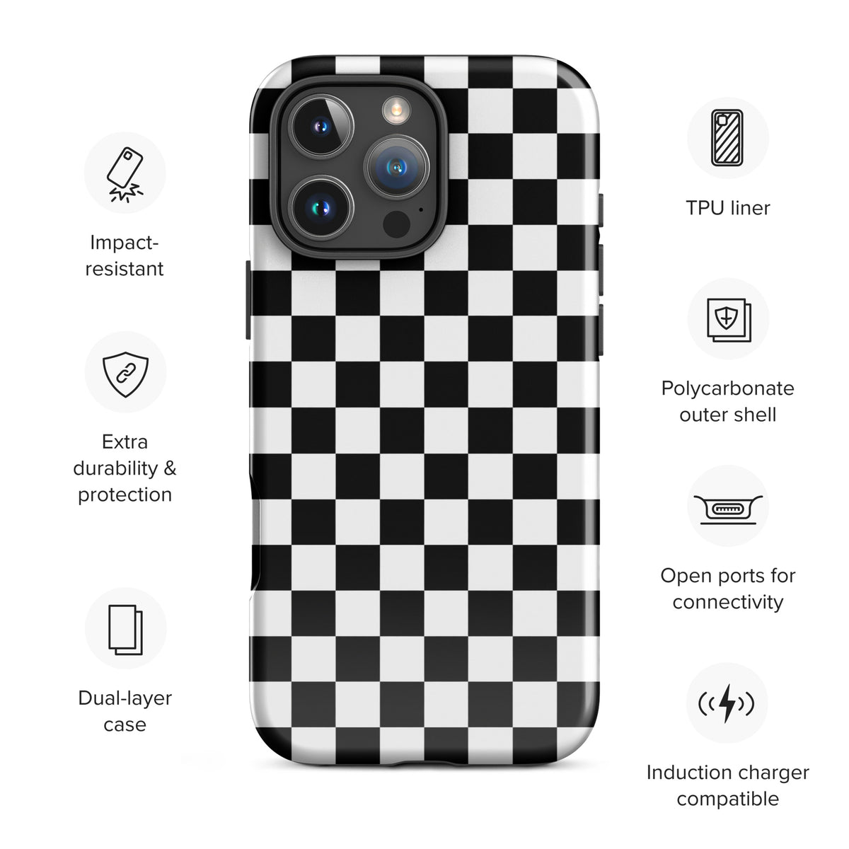 Phone Case with bold black-and-white checkered pattern for iPhone, impact-resistant and dual-layer protection.