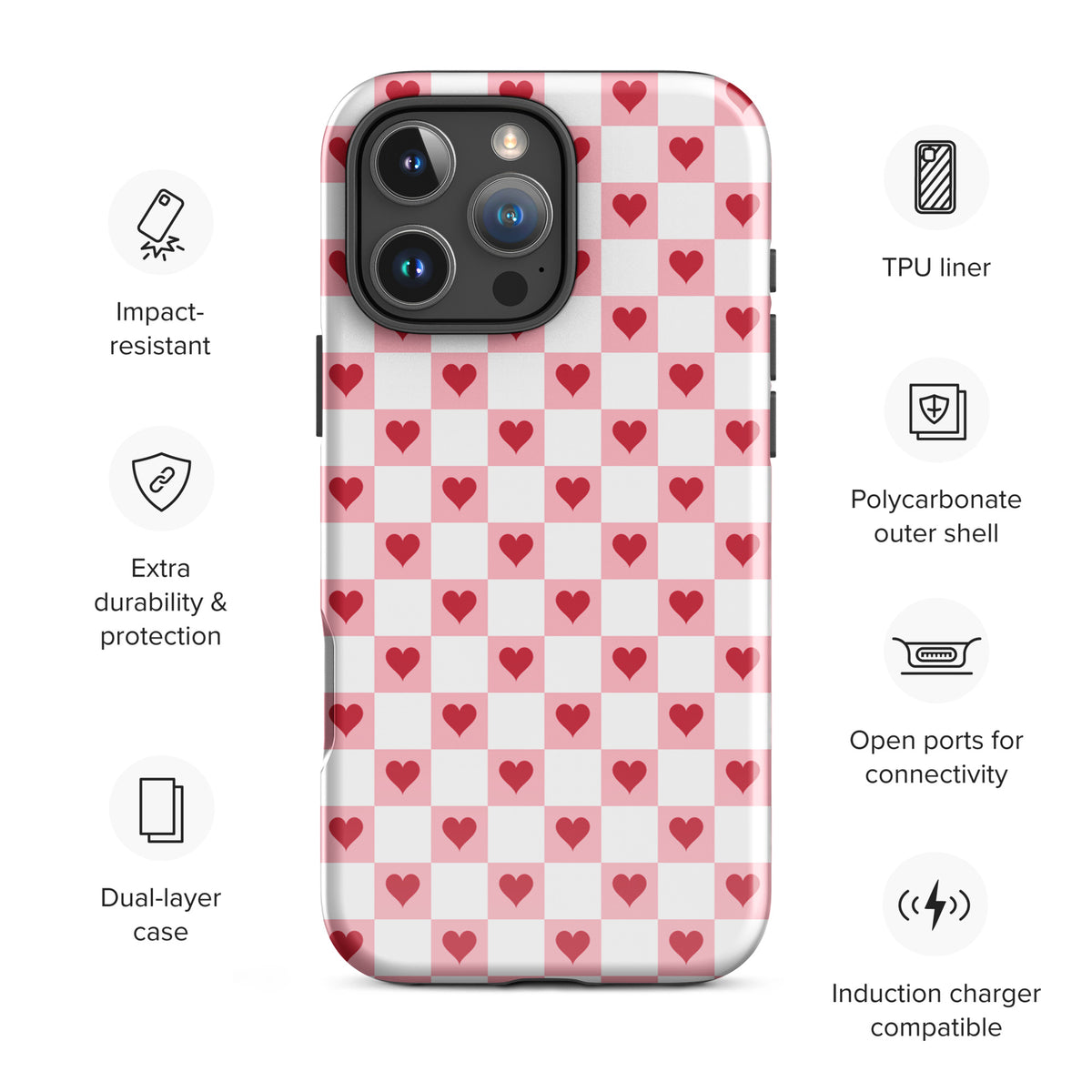 Phone Case for iPhone with pink-and-white checkered design featuring red hearts, impact-resistant dual-layer, polycarbonate shell, charging compatible