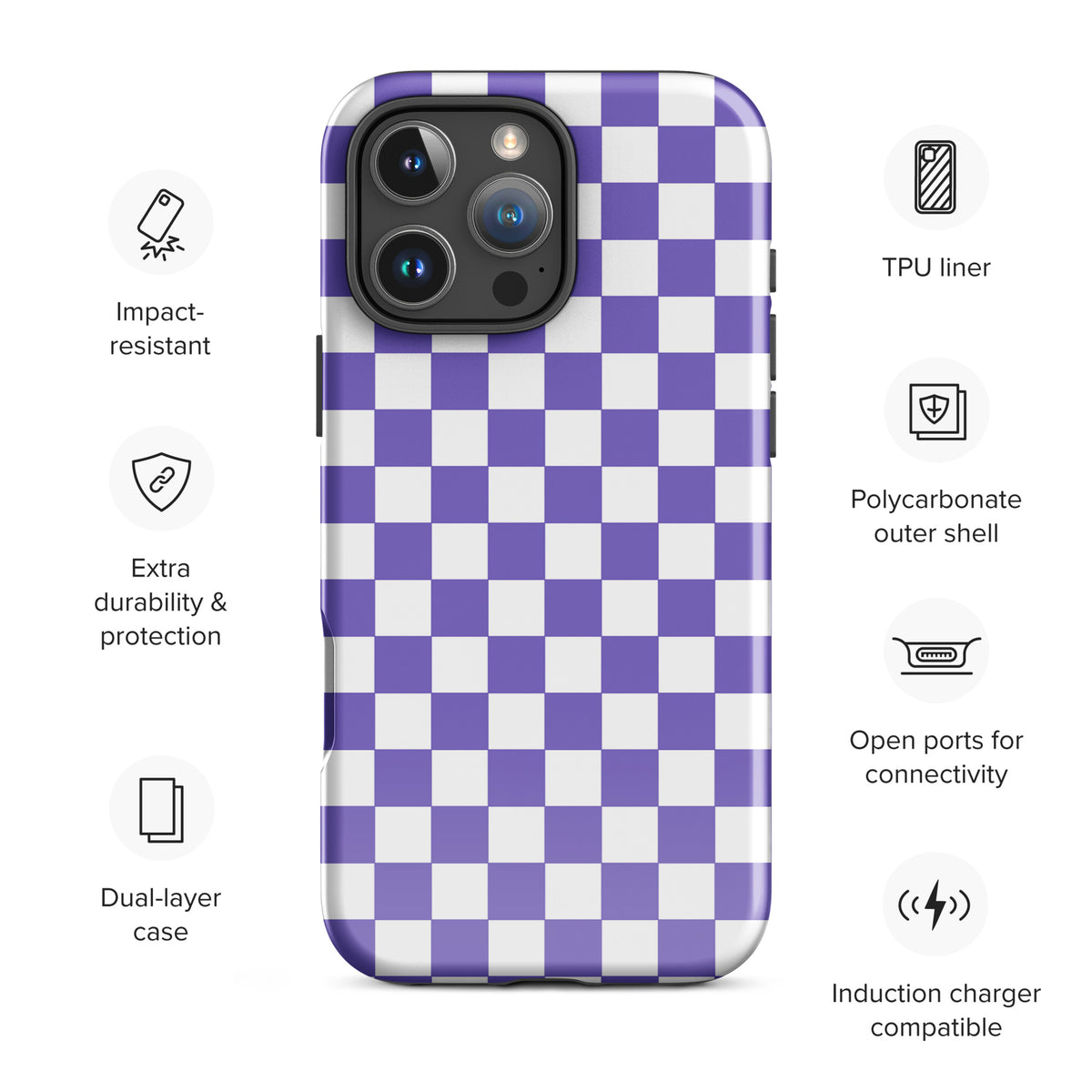 Phone Case for iPhone featuring a purple and white checkered pattern, dual-layer protection, and compatibility with wireless charging.