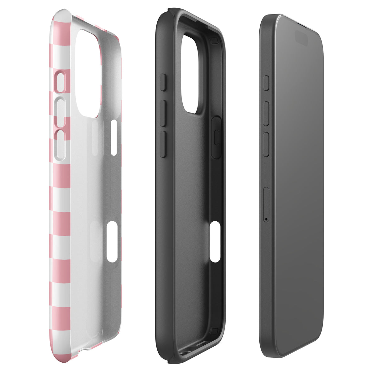 Phone Case for iPhone with playful pink and white checkered pattern, shown in three pieces to highlight design and functionality.