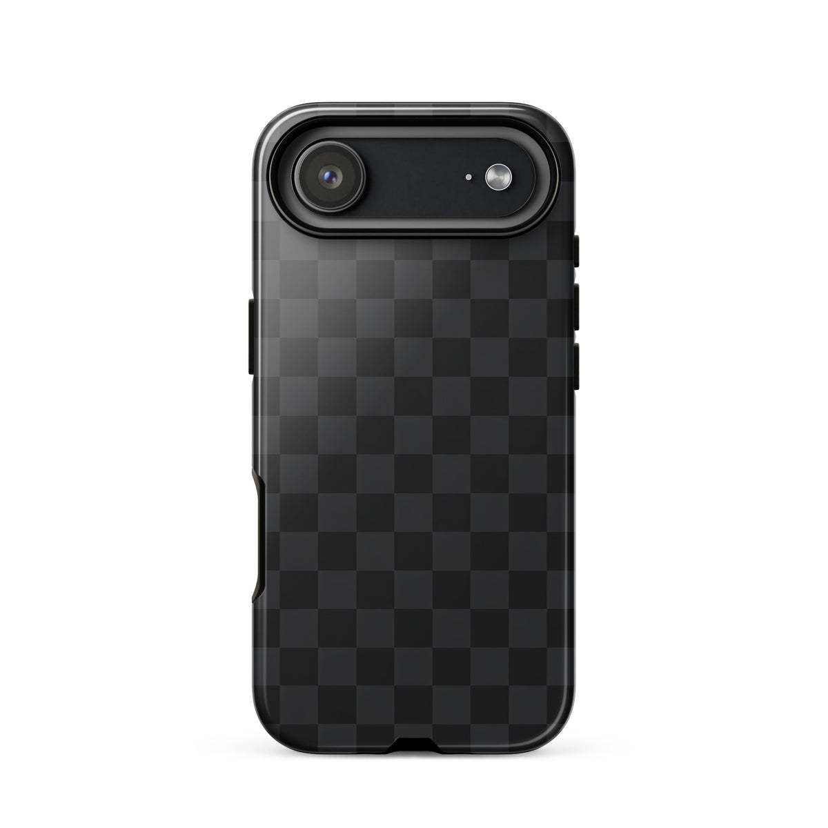 Phone Case for iPhone with black and charcoal checkered design, modern minimalist style, enhances protection and style.