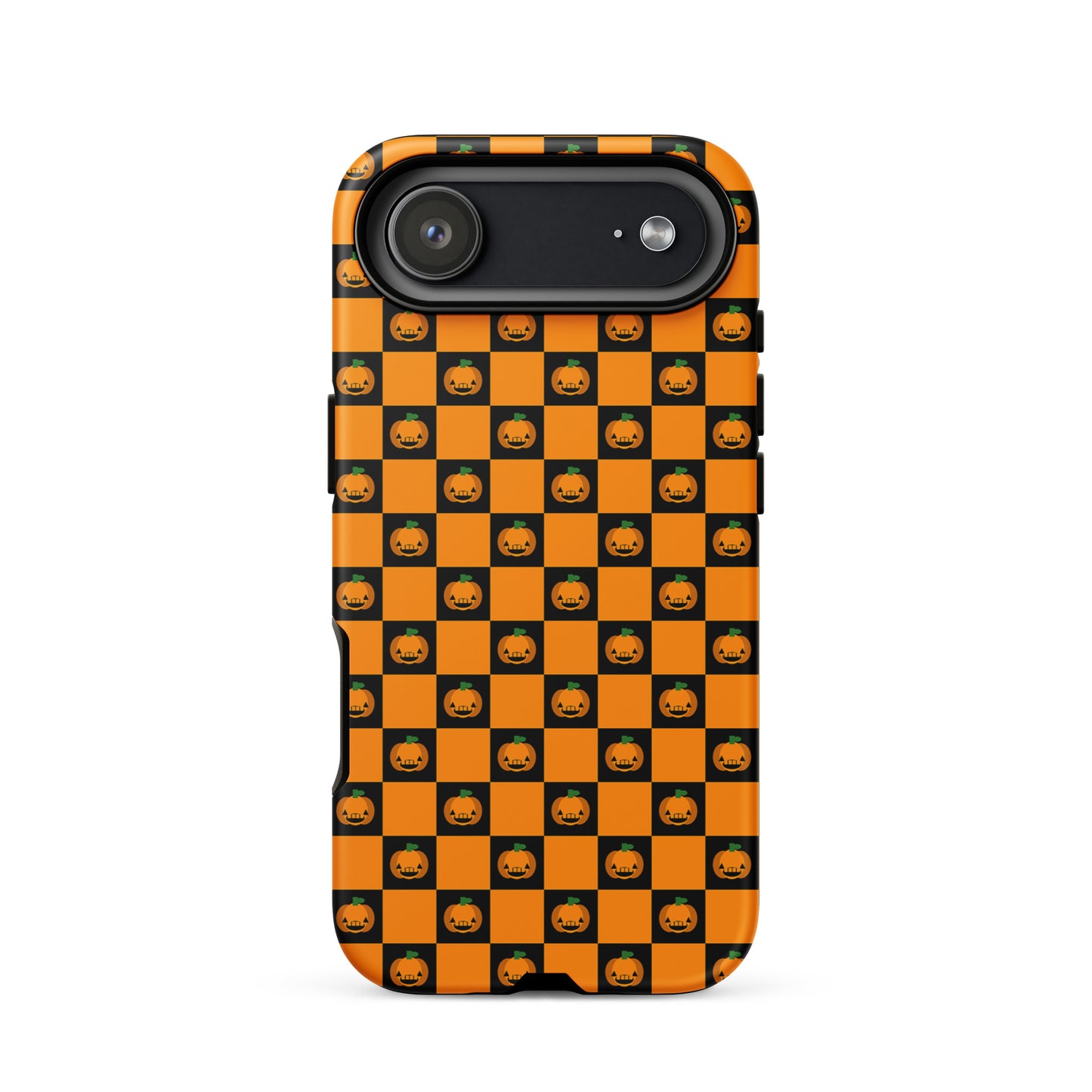 Phone Case with playful pumpkin checkered Halloween design for iPhone, featuring orange and black squares with smiling jack-o'-lanterns.