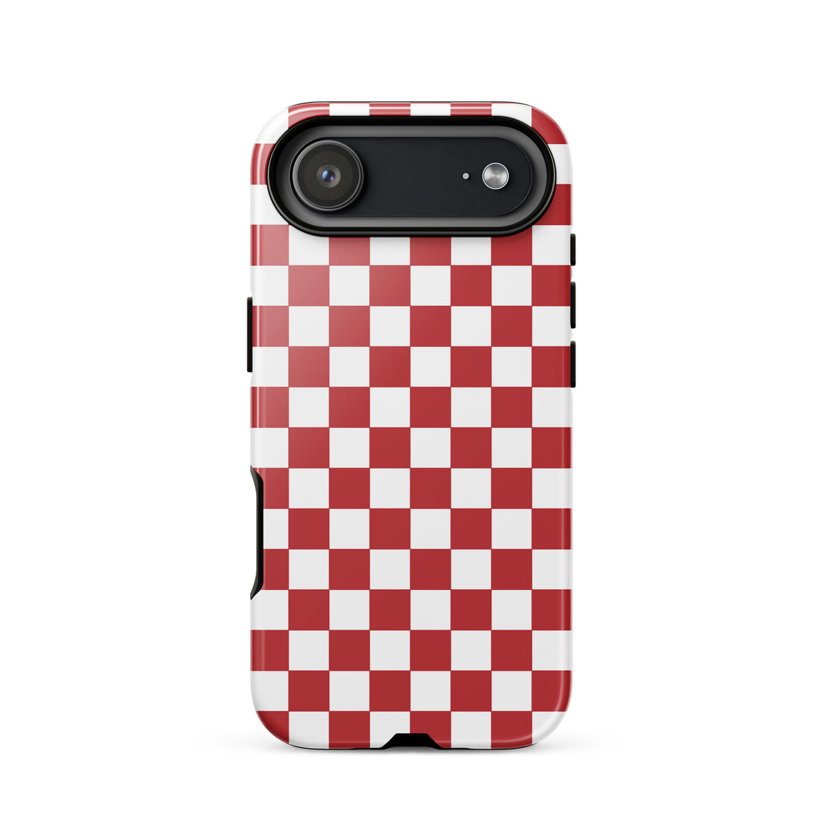 Phone Case for iPhone with crimson red checkered design, bold and playful style accessory.