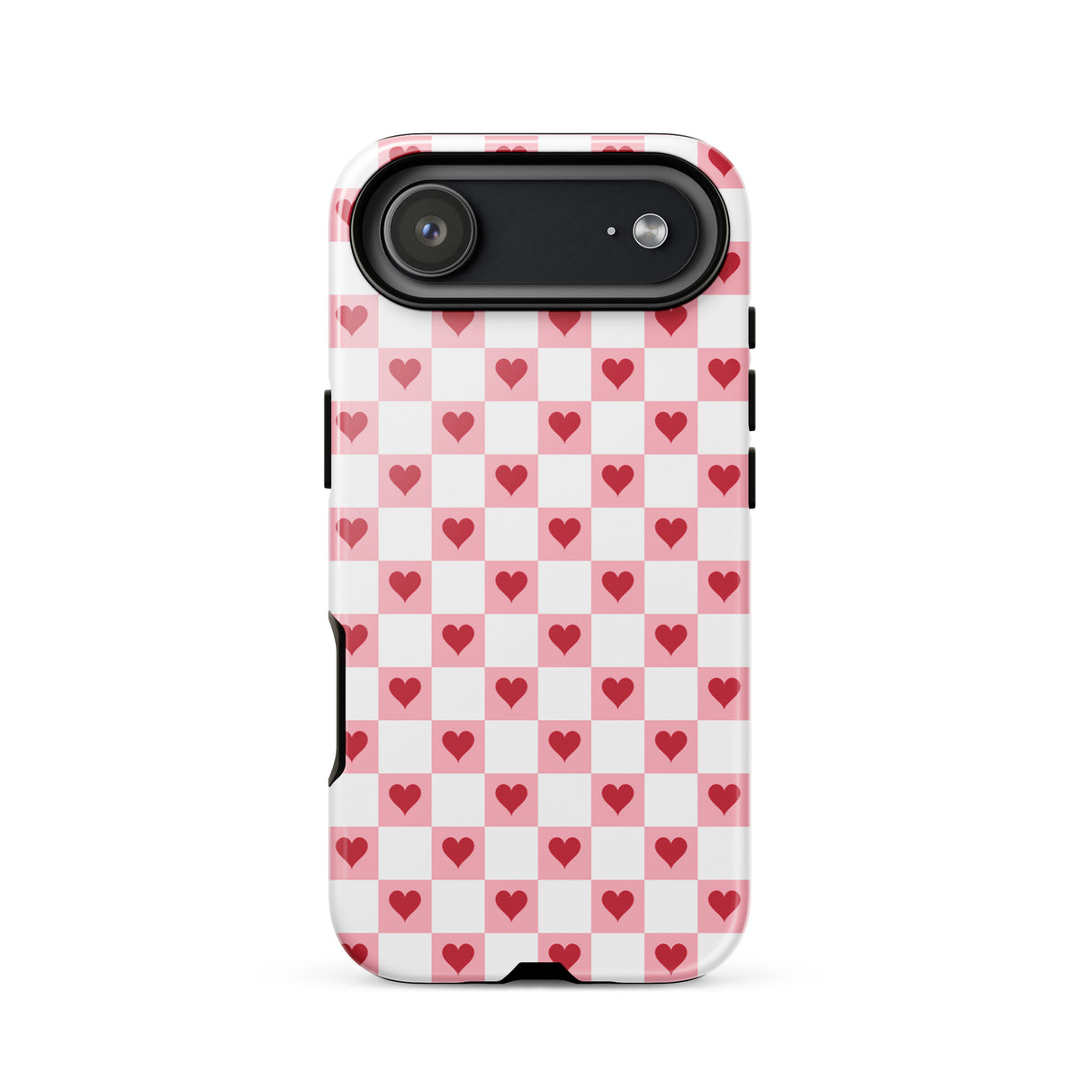 Phone Case for iPhone with pink-and-white checkered design and red hearts pattern