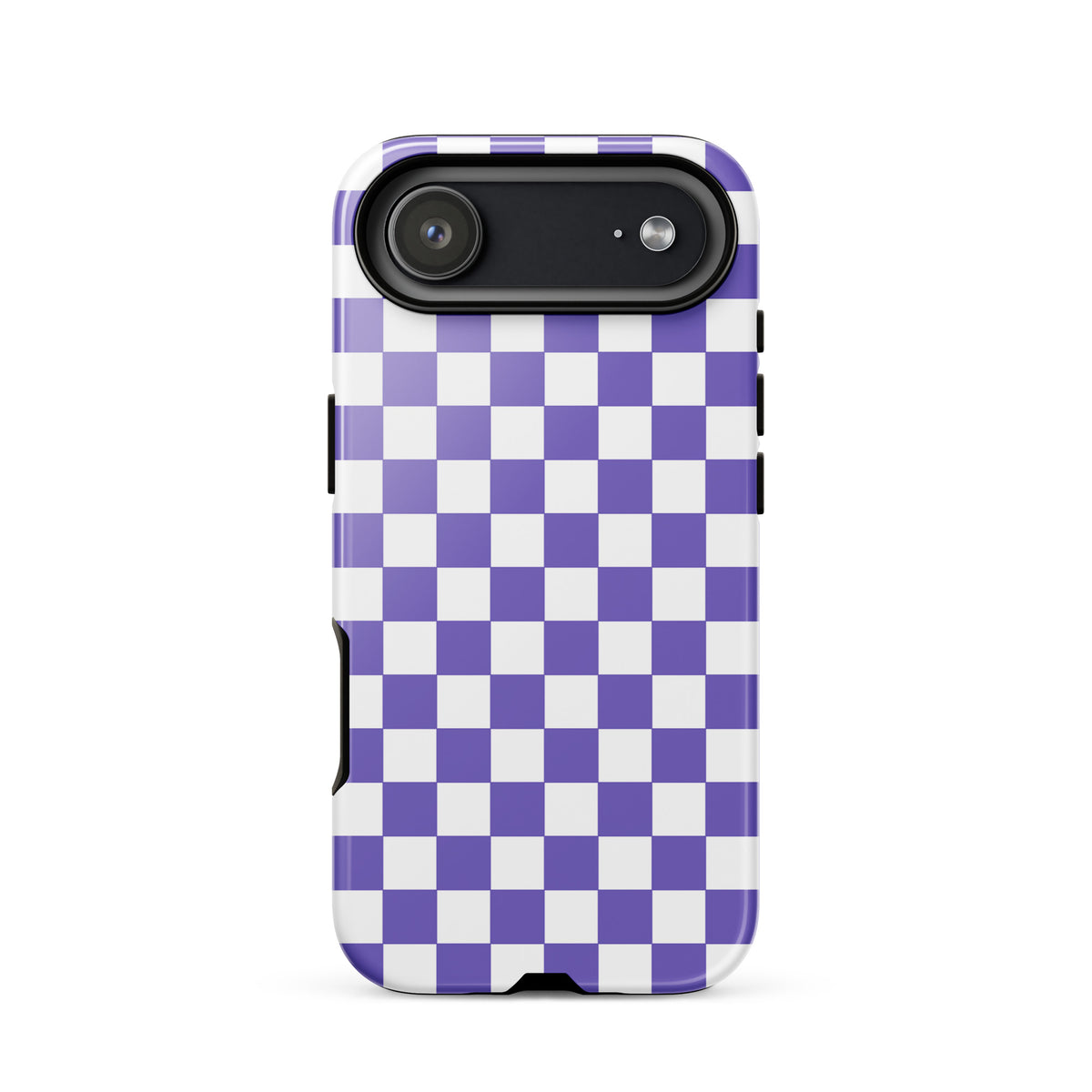 Phone Case for iPhone with purple and white checkered design showcasing fun and bold style.