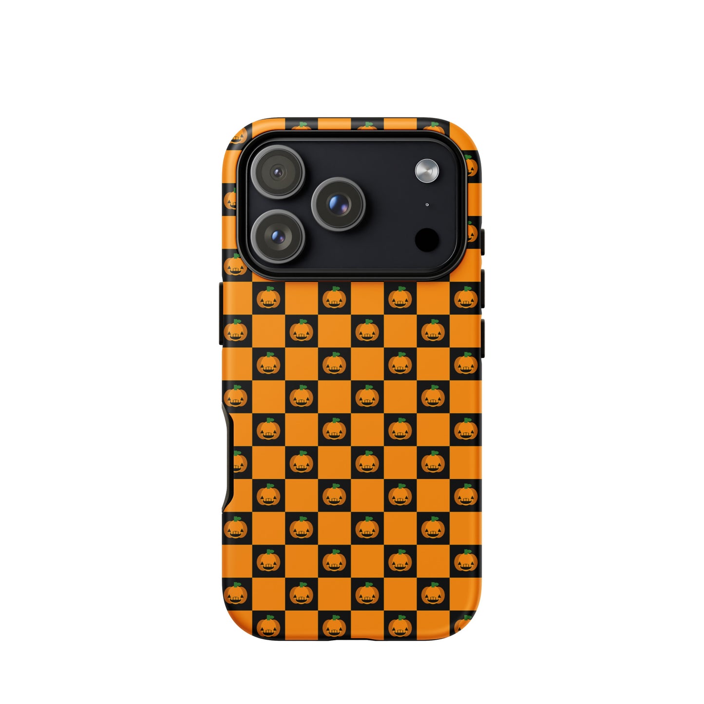 Phone Case for iPhone with playful pumpkin checkered Halloween design in orange and black squares