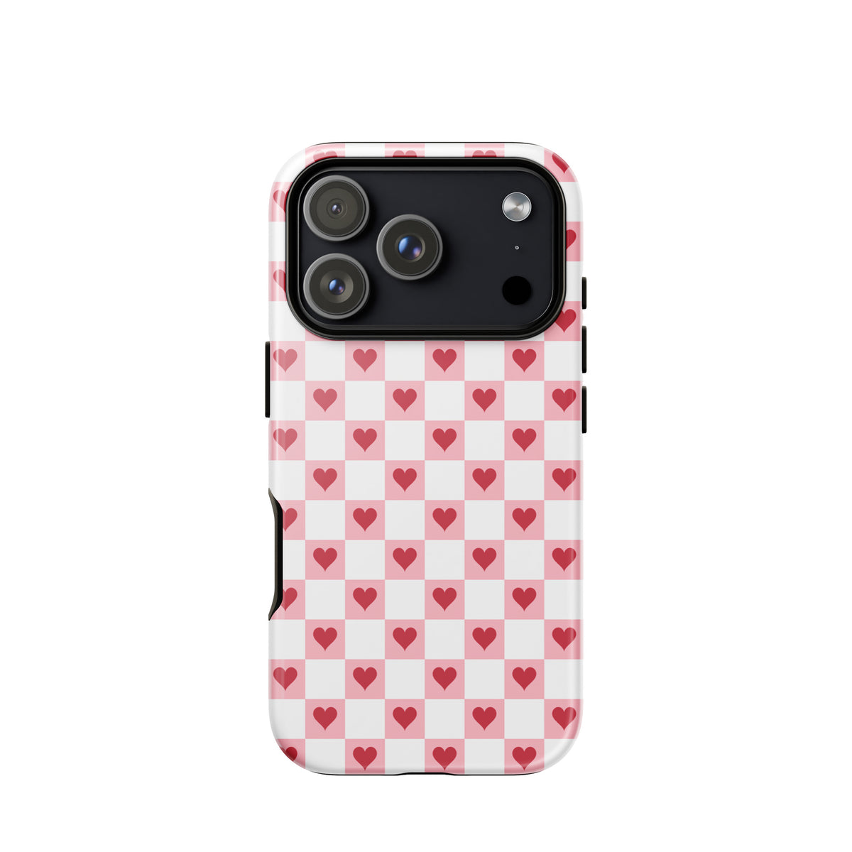 Phone Case for iPhone with pink-and-white checkered red heart design.
