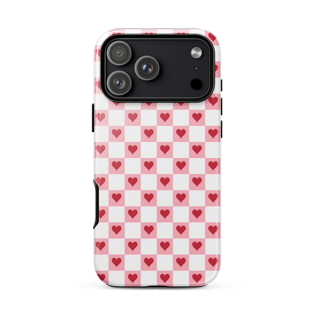 Phone Case for iPhone with pink-and-white checkered design and red hearts, charming and playful pattern, perfectly fits iPhone models.