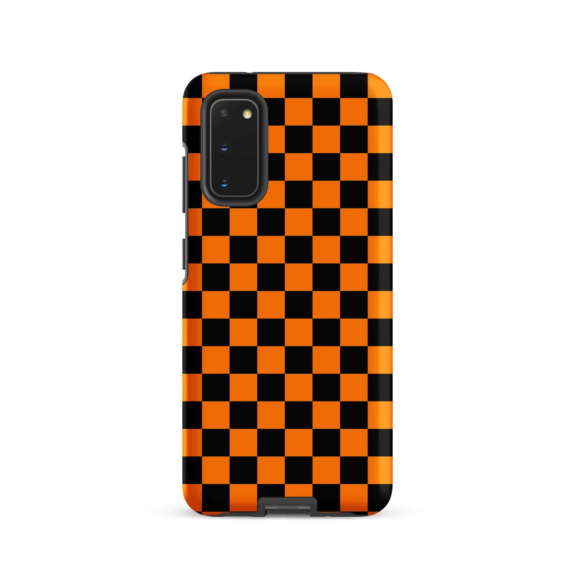 Vibrant orange-black checkered design Phone Case for Samsung Galaxy, retro fun and modern flair accessory.